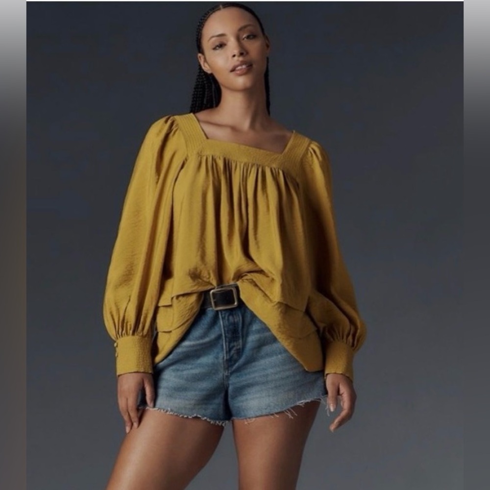 Anthropologie Maeve Boho Smocked Sleeve Square Neck Blouse Gold/Mustard